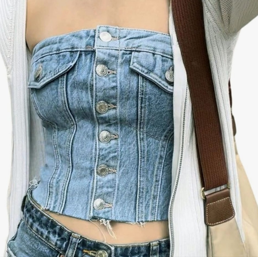 #005.B Source Unknown Sz M Denim Vest Corset Crop Button Down Top - Picture 7 of 13